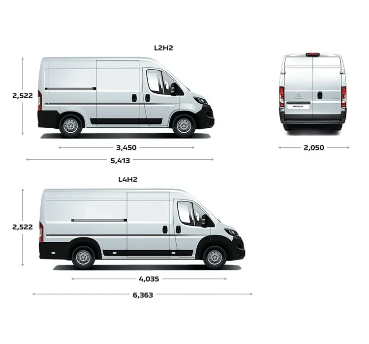PEUGEOT MANAGER cuenta con 2 tamaños:  Largo: 5,413 mm y 6,363 mm Ancho: 1,422 mm Alto: 2,522 mm